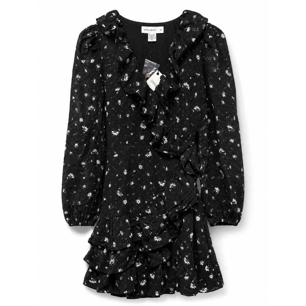 Spring + Mercer Black Floral Swiss Dot Ruffle Wrap Mini Dress XS NWT - Picture 2 of 10